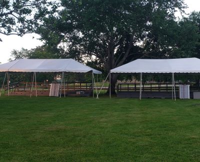 Two white frame tents pitched side-by-side on a green lawn, with tables and chairs visible underneath, bordered by a fence and trees in the background.
