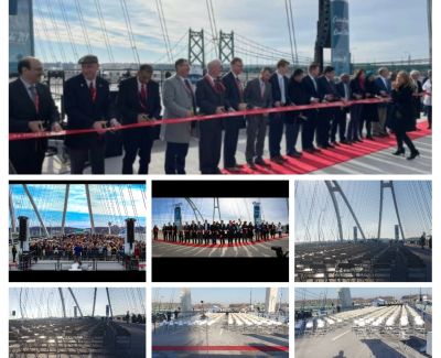 Photo collage showcasing a bridge opening ceremony, including images of the ribbon cutting, officials, empty chair setup, and the bridge architecture.