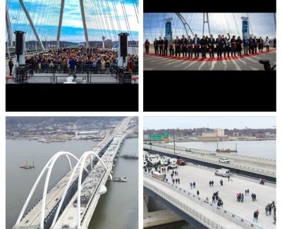 Photo collage depicting various scenes from a bridge opening event, featuring aerial views of crowds walking on the bridge, the ribbon-cutting, and the bridge spanning the river.