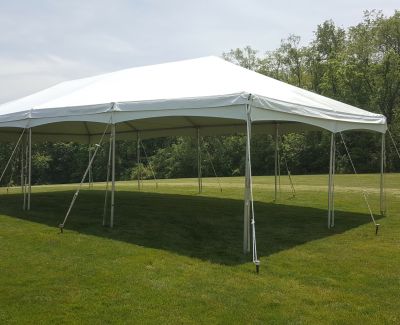An empty white frame tent pitched on a sloped green lawn on a sunny day, secured with ropes and stakes, with trees in the background.