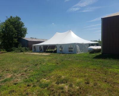 A white high-peak pole tent with windowed sidewalls set up on a grassy area next to farm buildings under a clear blue sky. A large propane tank sits nearby.