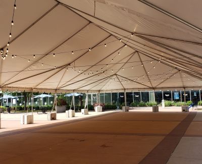 An outdoor wedding ceremony event being set up.